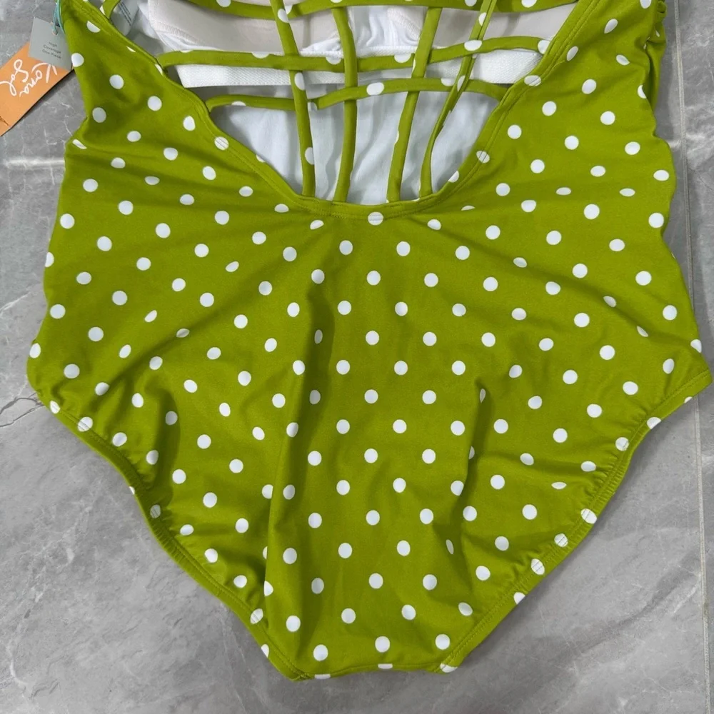 Women’s Kona Sol High Coverage One Piece Swimsuit Strappy Back Polka Dot Size XL